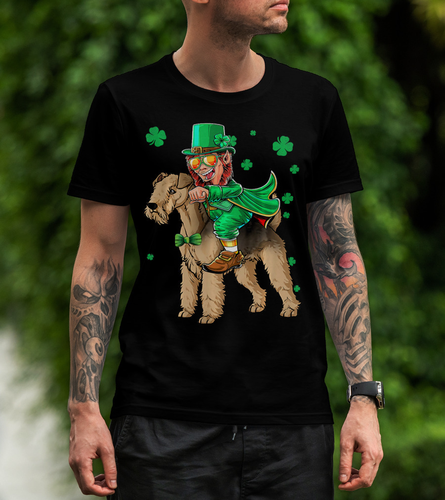 Leprechaun Lakeland Terrier Shamrock Celebration With Green Hat And Bow Tie T-Shirt