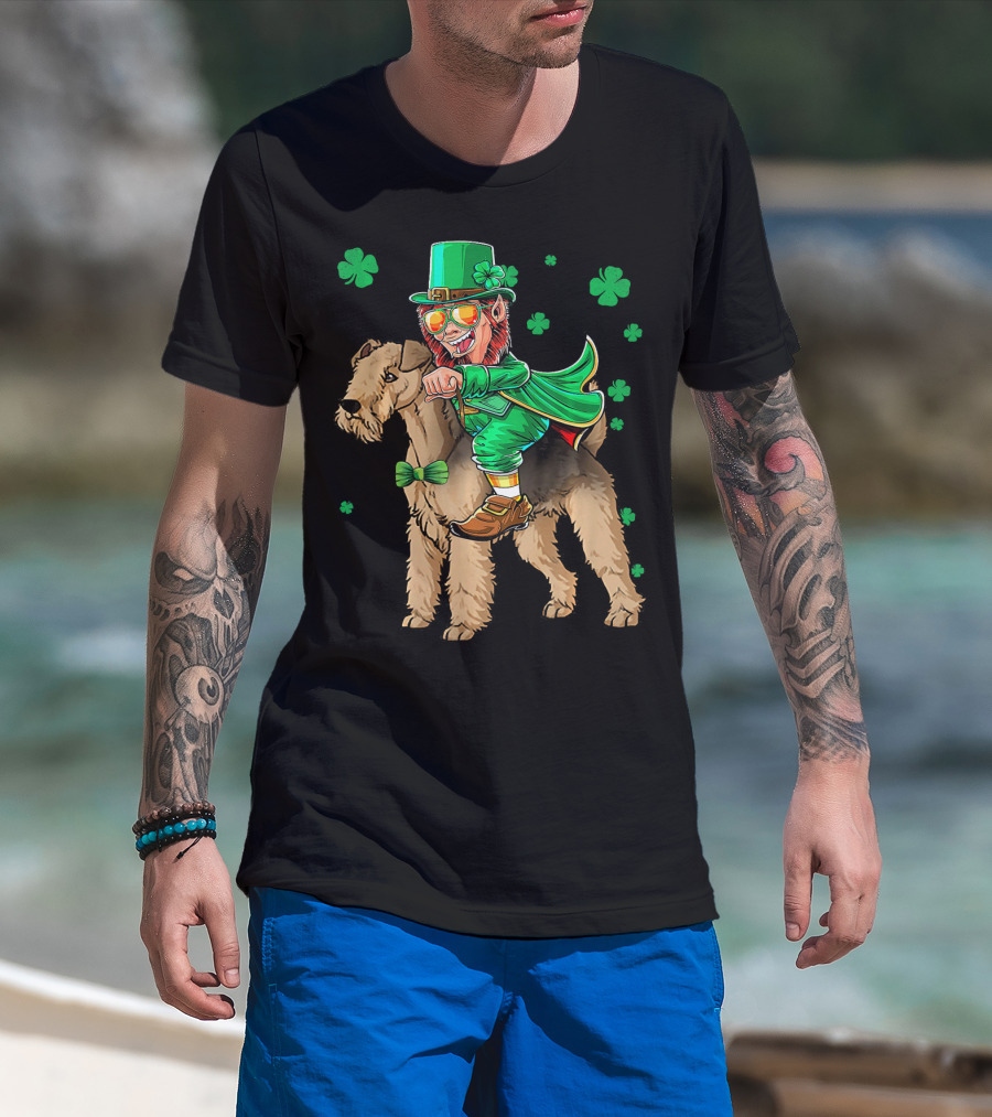 Leprechaun Lakeland Terrier Shamrock Celebration With Green Hat And Bow Tie T-Shirt