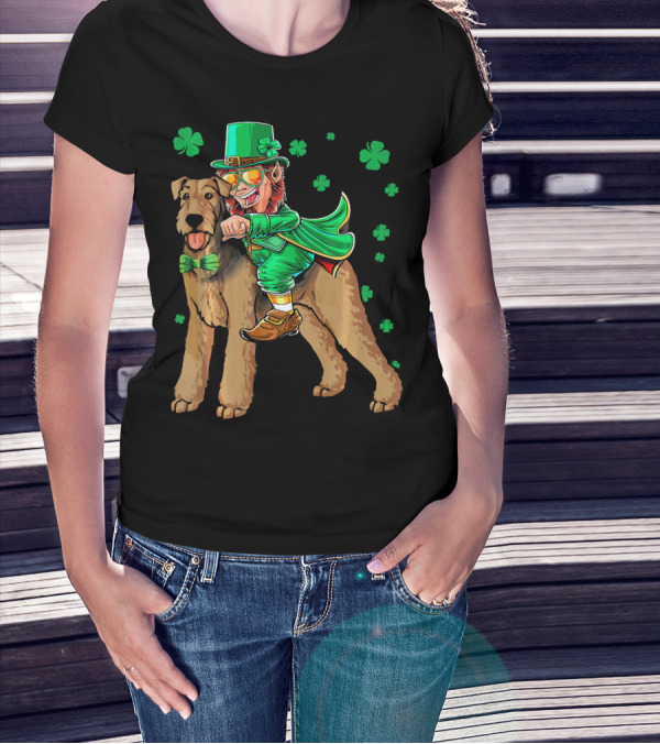 Leprechaun Riding Airedale Terrier With Shamrocks T-Shirt