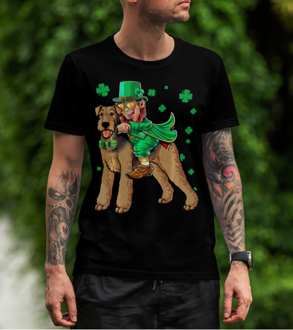 Leprechaun Riding Airedale Terrier With Shamrocks T-Shirt