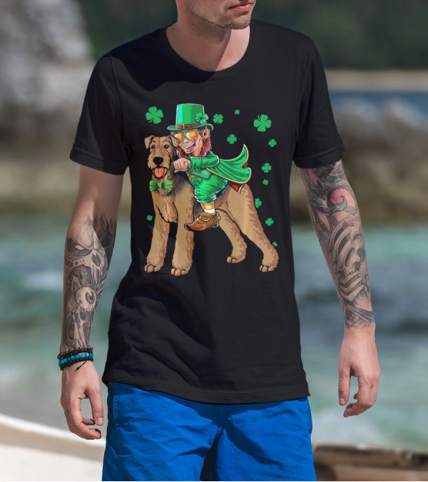 Leprechaun Riding Airedale Terrier With Shamrocks T-Shirt
