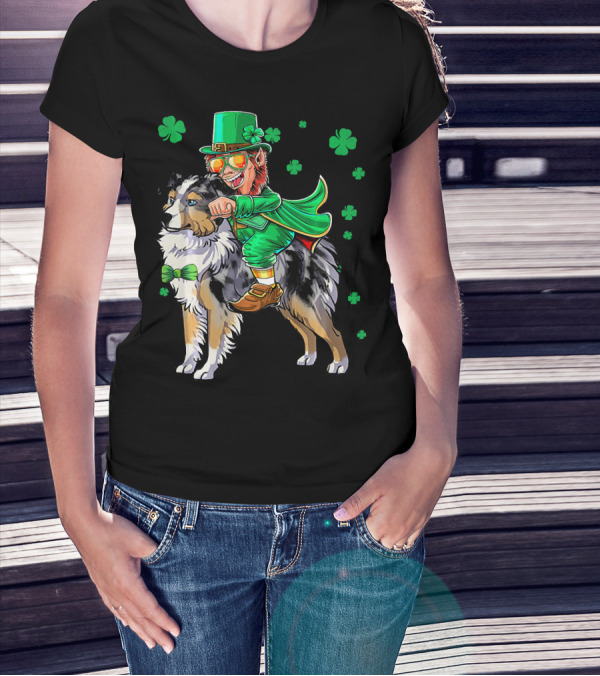 Leprechaun Riding Miniature Australian Shepherd With Shamrocks T-Shirt