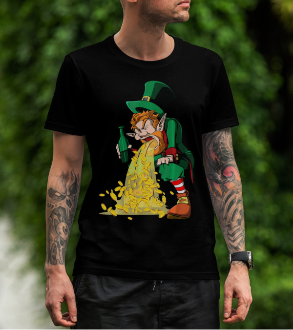 Funny St Patricks Day Puking Leprechaun With Beer And Gold Coins T-Shirt