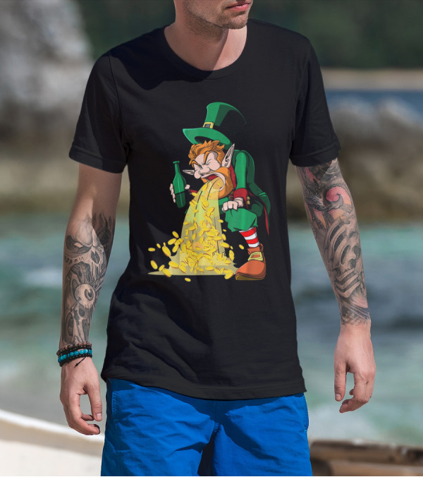 Funny St Patricks Day Puking Leprechaun With Beer And Gold Coins T-Shirt