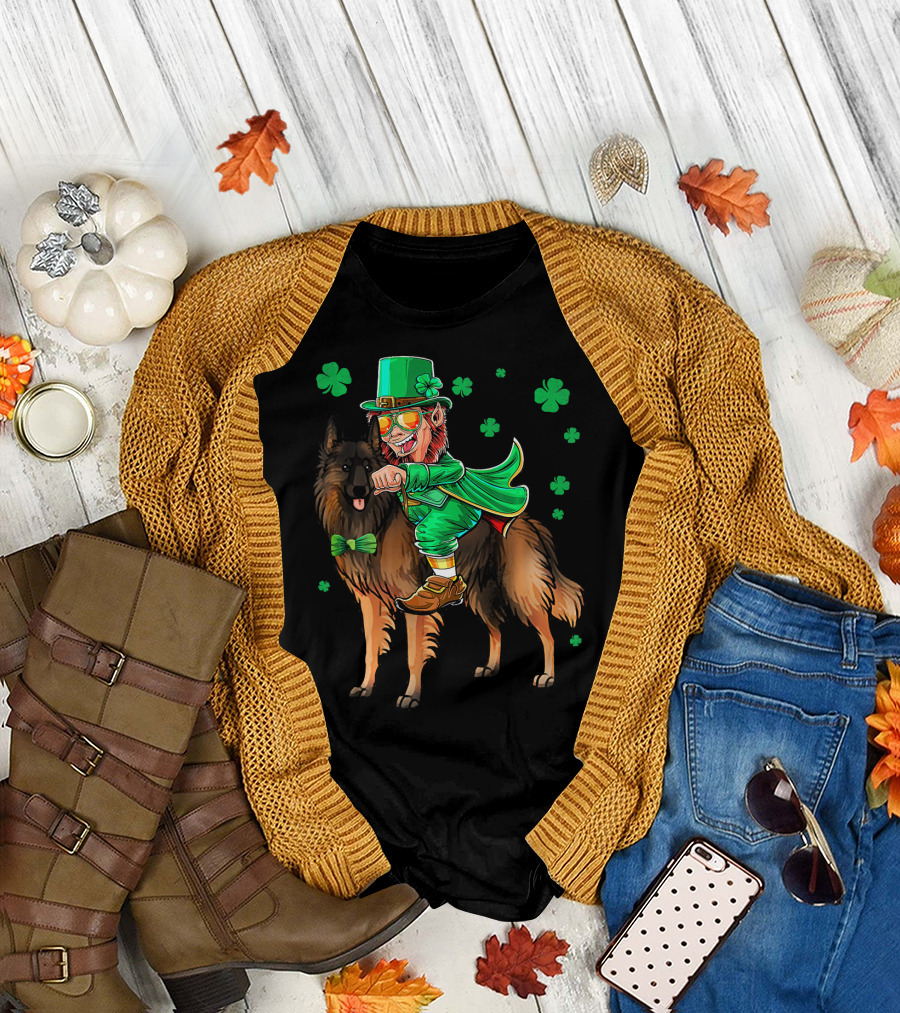 Leprechaun Riding Belgian Tervuren with Shamrock Accents T-Shirt