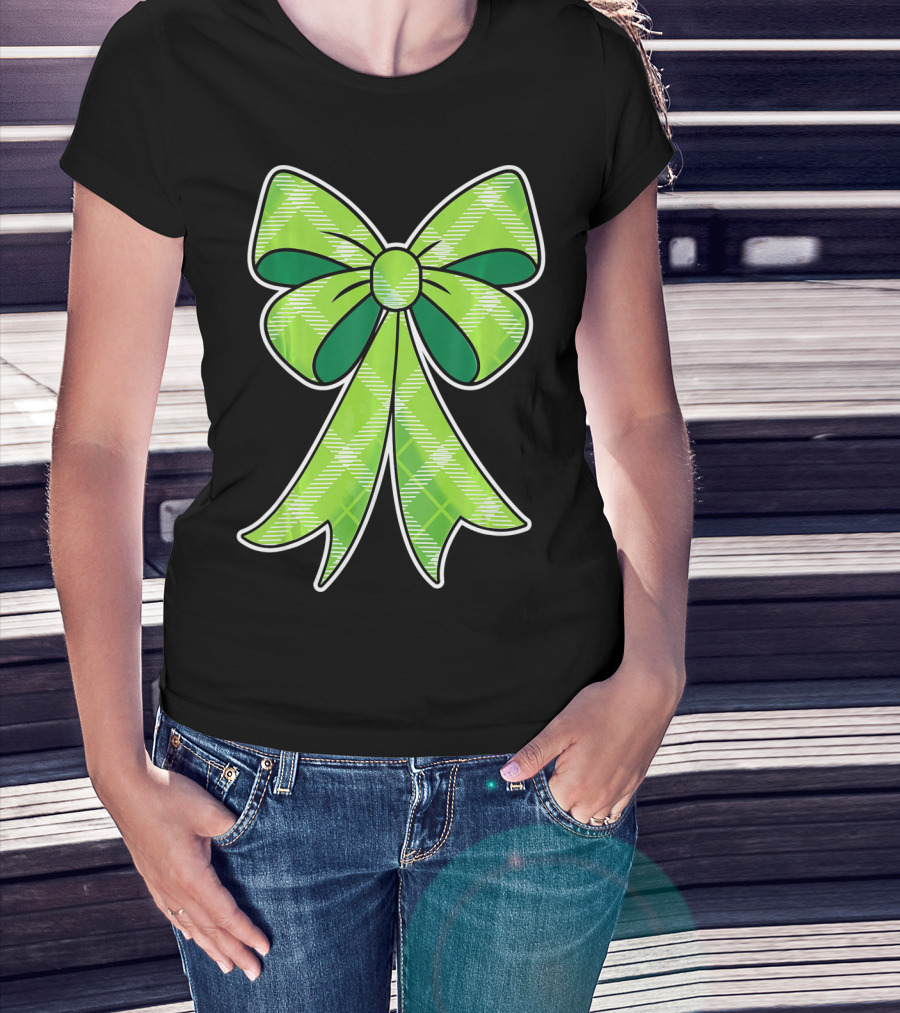 Girls St Patricks Day Green Plaid Bow T-Shirt