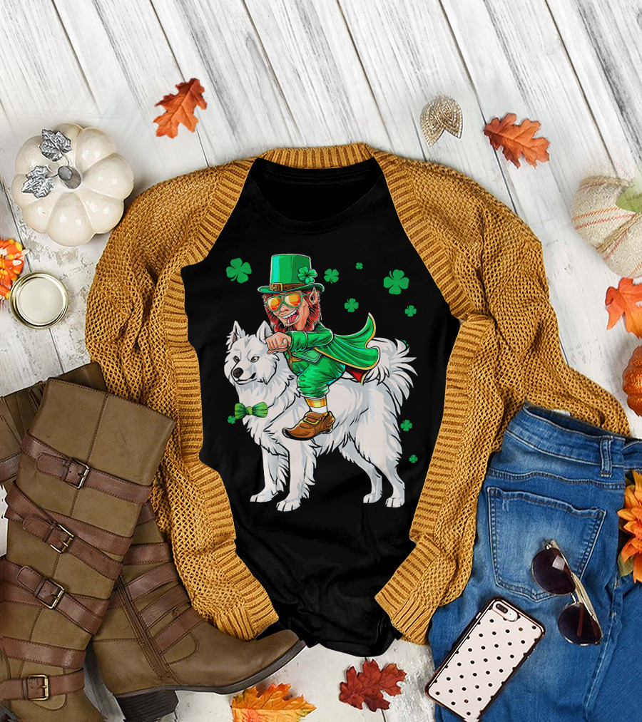 Leprechaun Riding Samoyed with Shamrocks St. Patrick's Day T-Shirt