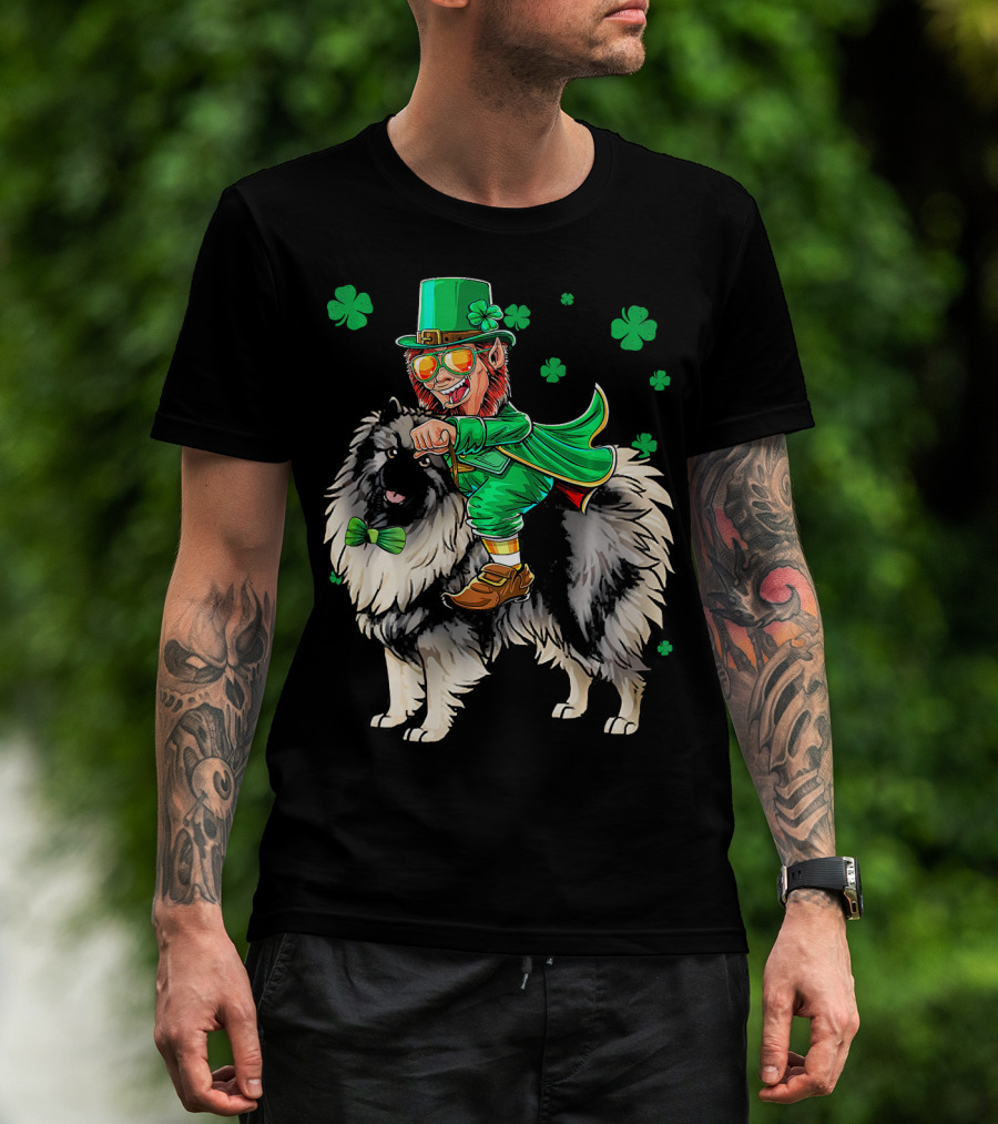 Leprechaun Riding Keeshond With Shamrocks For St. Patrick's Day T-Shirt
