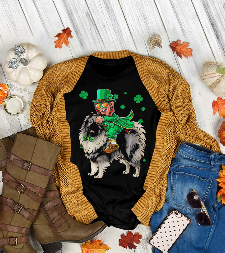 Leprechaun Riding Keeshond with Shamrocks for St. Patrick's Day T-Shirt
