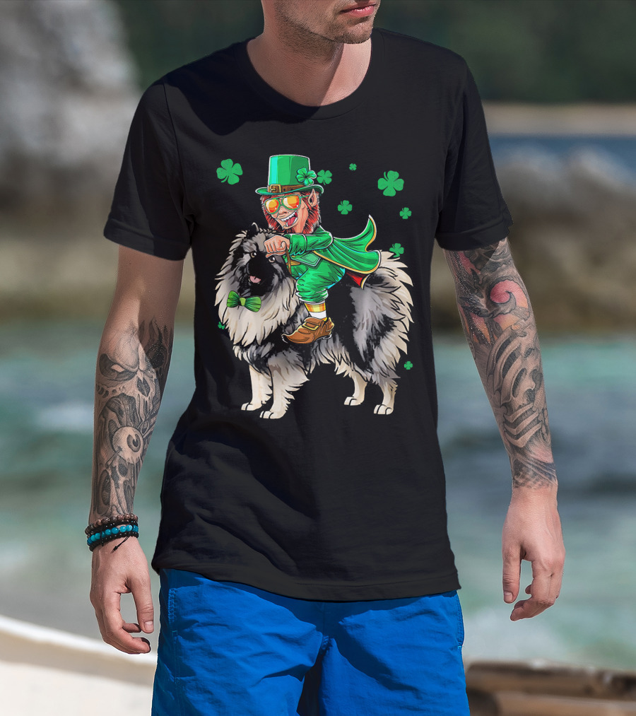 Leprechaun Riding Keeshond With Shamrocks For St. Patrick's Day T-Shirt