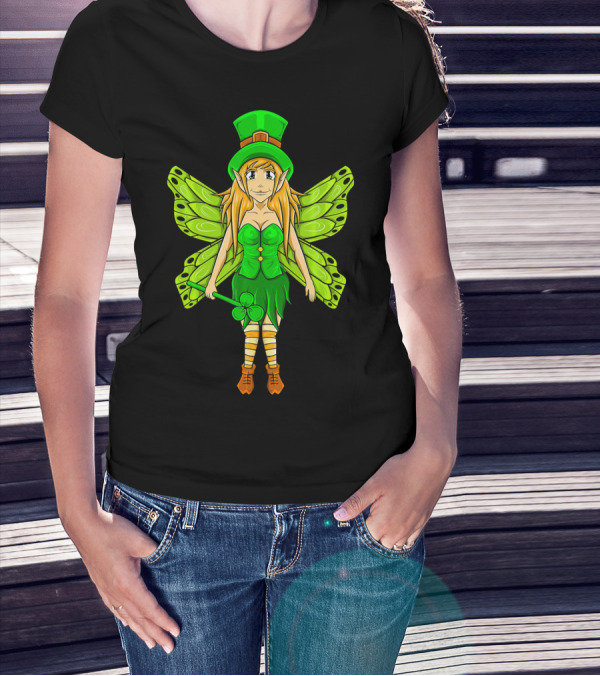 Funny St Patricks Day Leprechaun Fairy Girl With Green Wings And Clover Staff T-Shirt