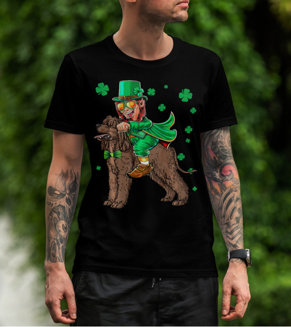 Leprechaun Riding Irish Water Spaniel With Shamrocks T-Shirt
