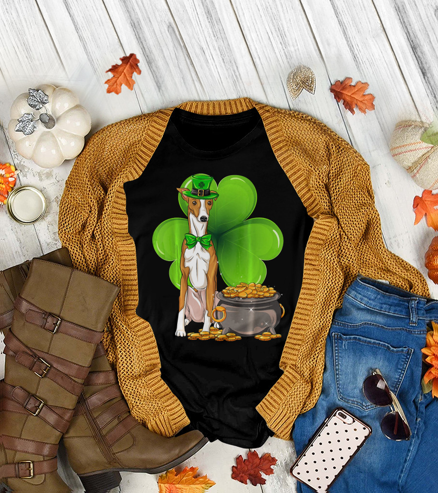 Whippet Leprechaun Dog with Shamrock and Pot of Gold St Patricks Day T-Shirt