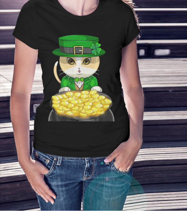 Exotic Cat Leprechaun With Pot Of Gold Funny Cat Lover T-Shirt