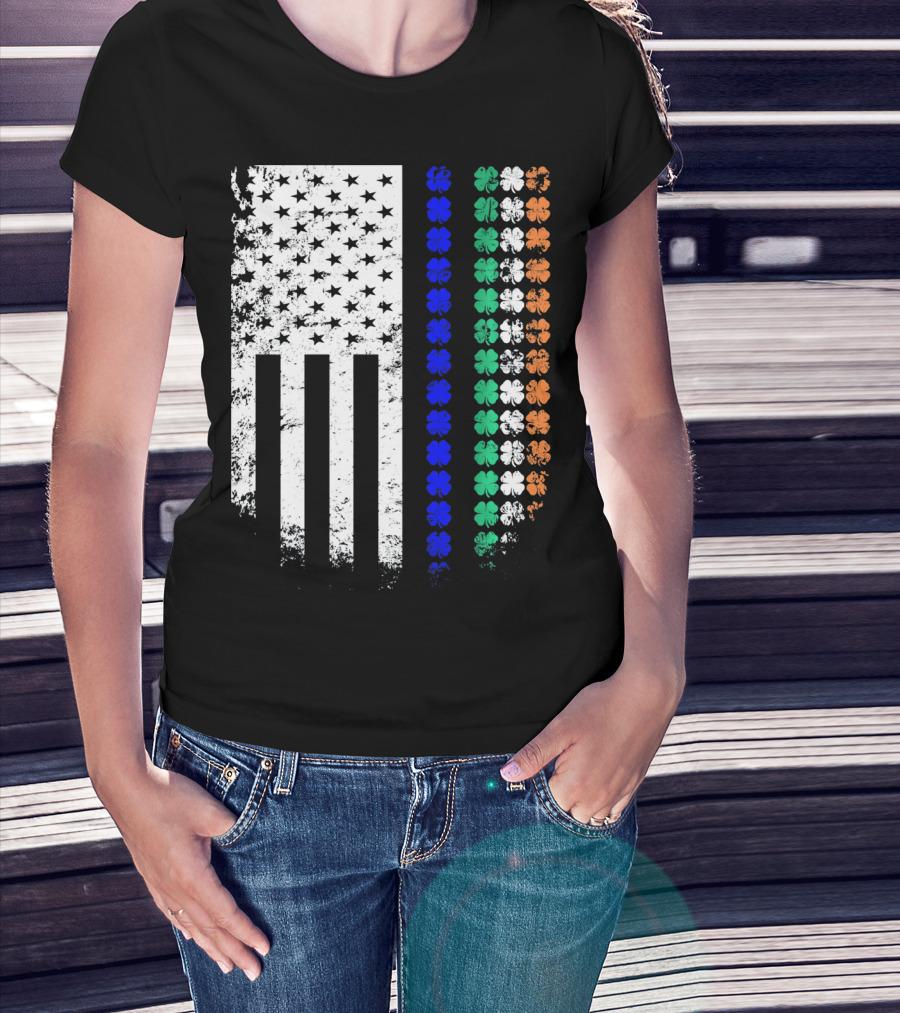 American Flag Irish Police Officer Shamrock Line T-Shirt