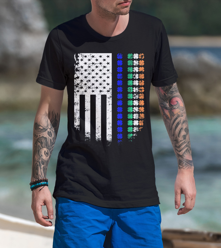 American Flag Irish Police Officer Shamrock Line T-Shirt