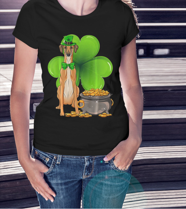 Sloughi Dog With Leprechaun Hat And Clover St Patricks Day Pot Of Gold T-Shirt