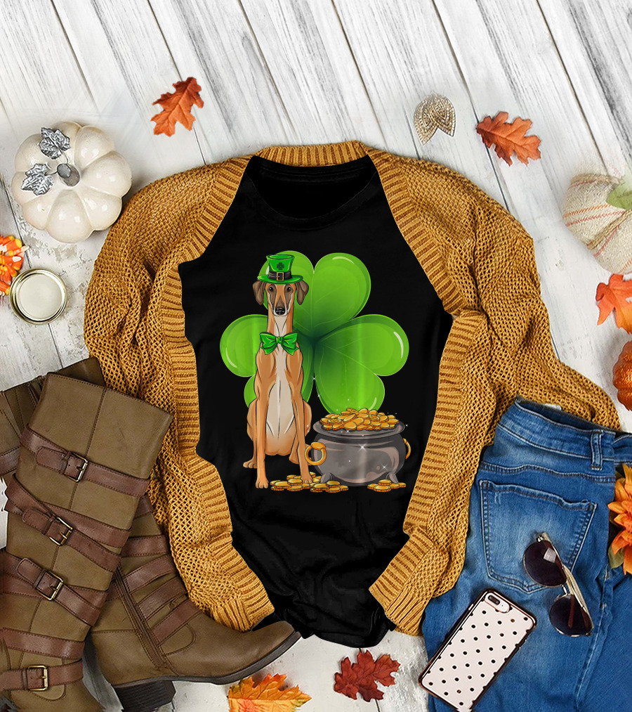 Sloughi Dog with Leprechaun Hat and Clover St Patricks Day Pot of Gold T-Shirt