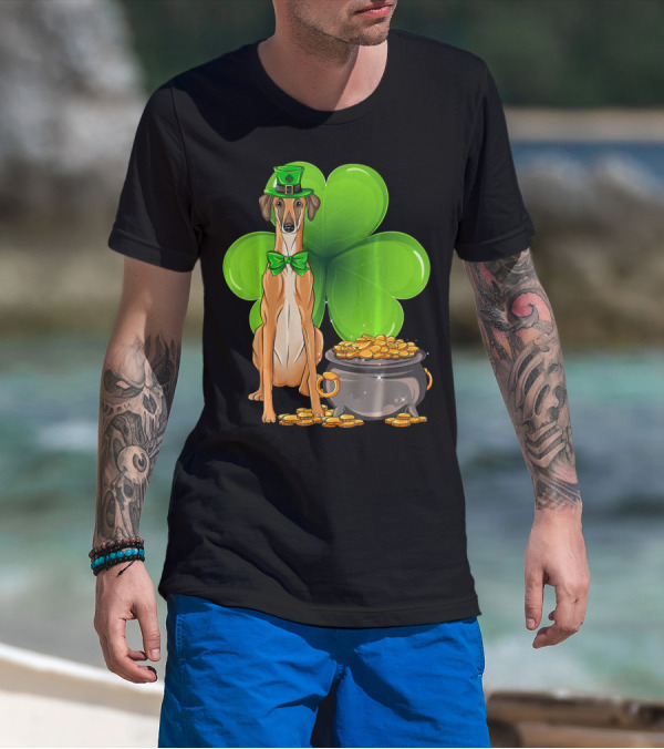 Sloughi Dog With Leprechaun Hat And Clover St Patricks Day Pot Of Gold T-Shirt