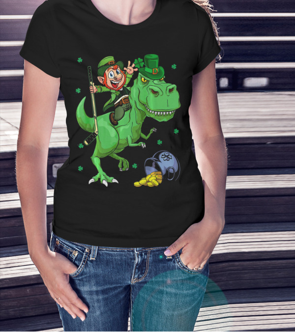Funny St. Pat Rex Day Leprechaun Riding Dinosaur With Hockey Stick And Gold Coins T-Shirt