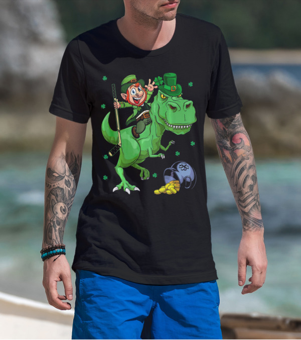 Funny St. Pat Rex Day Leprechaun Riding Dinosaur With Hockey Stick And Gold Coins T-Shirt