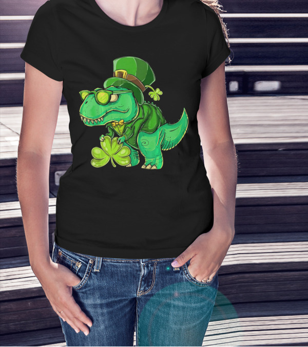 St Patricks Day Irish Dinosaur With Shamrock And Leprechaun Hat T-Shirt