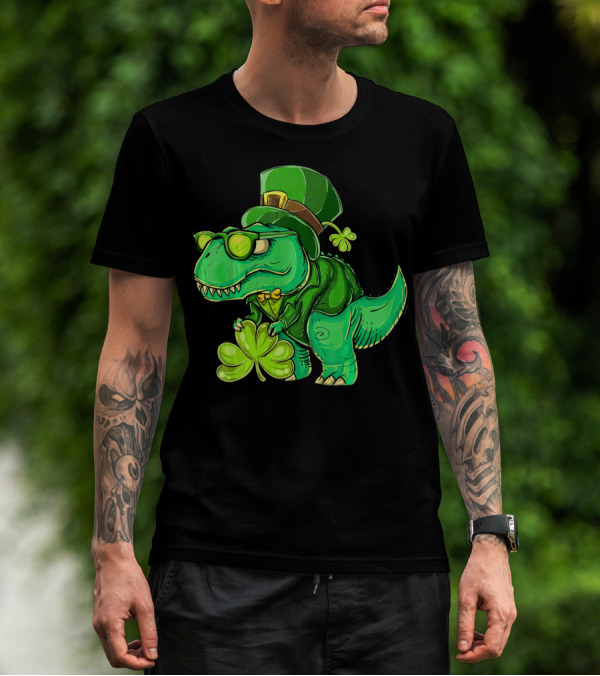 St Patricks Day Irish Dinosaur With Shamrock And Leprechaun Hat T-Shirt