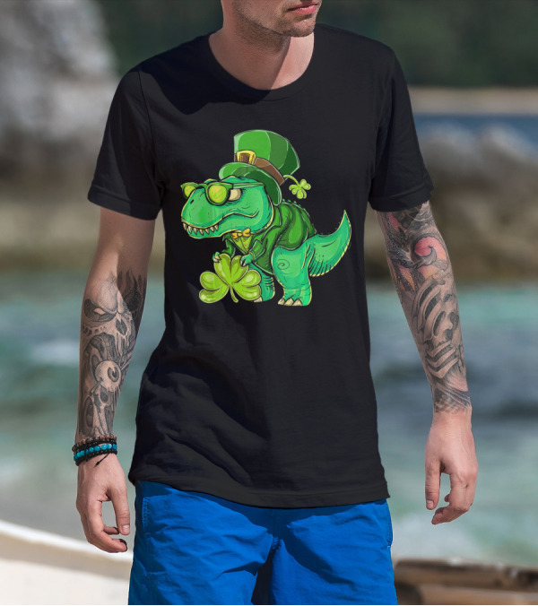 St Patricks Day Irish Dinosaur With Shamrock And Leprechaun Hat T-Shirt