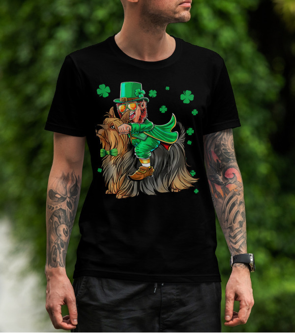 Leprechaun Riding Silky Terrier Shamrock St Patrick's Day T-Shirt