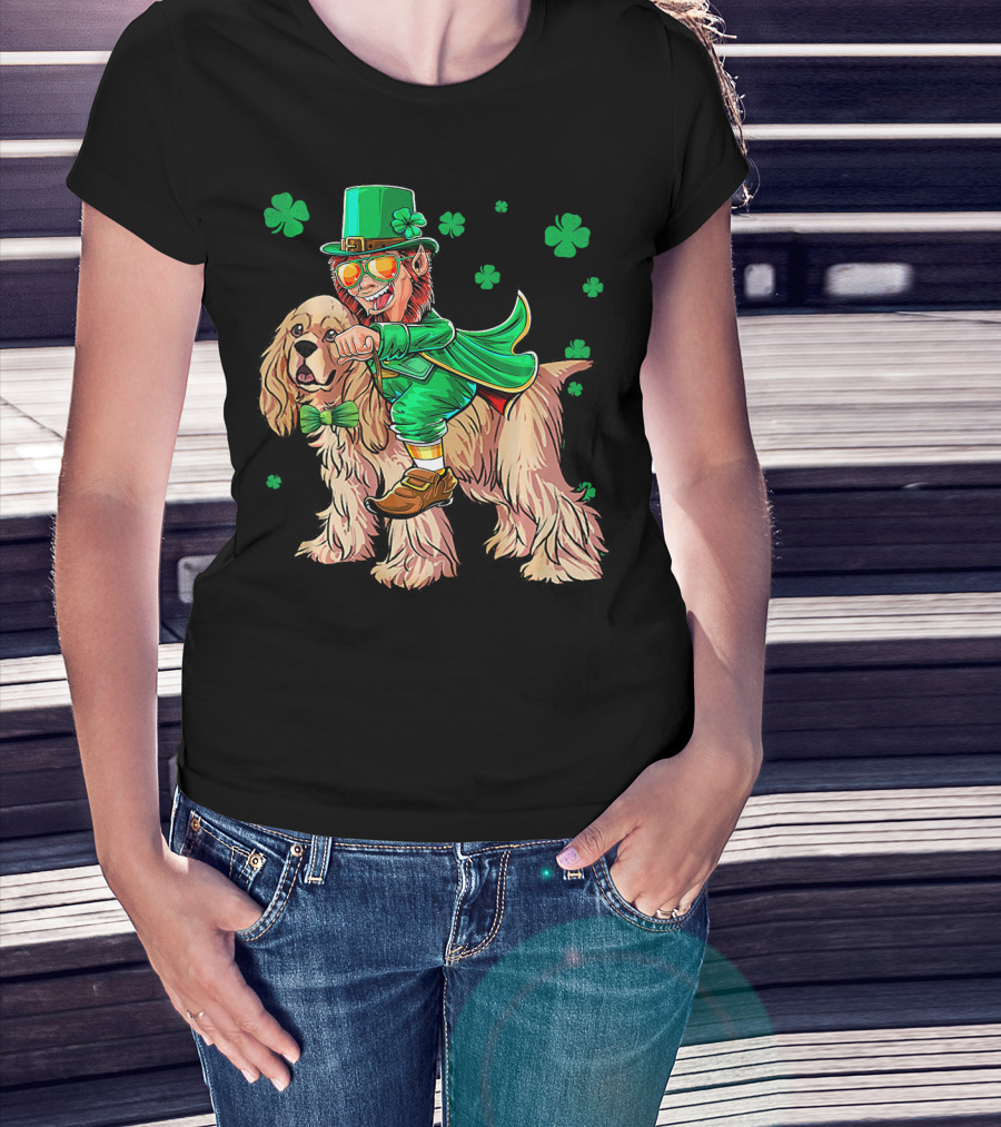 Leprechaun Riding Cocker Spaniel With Shamrocks T-Shirt