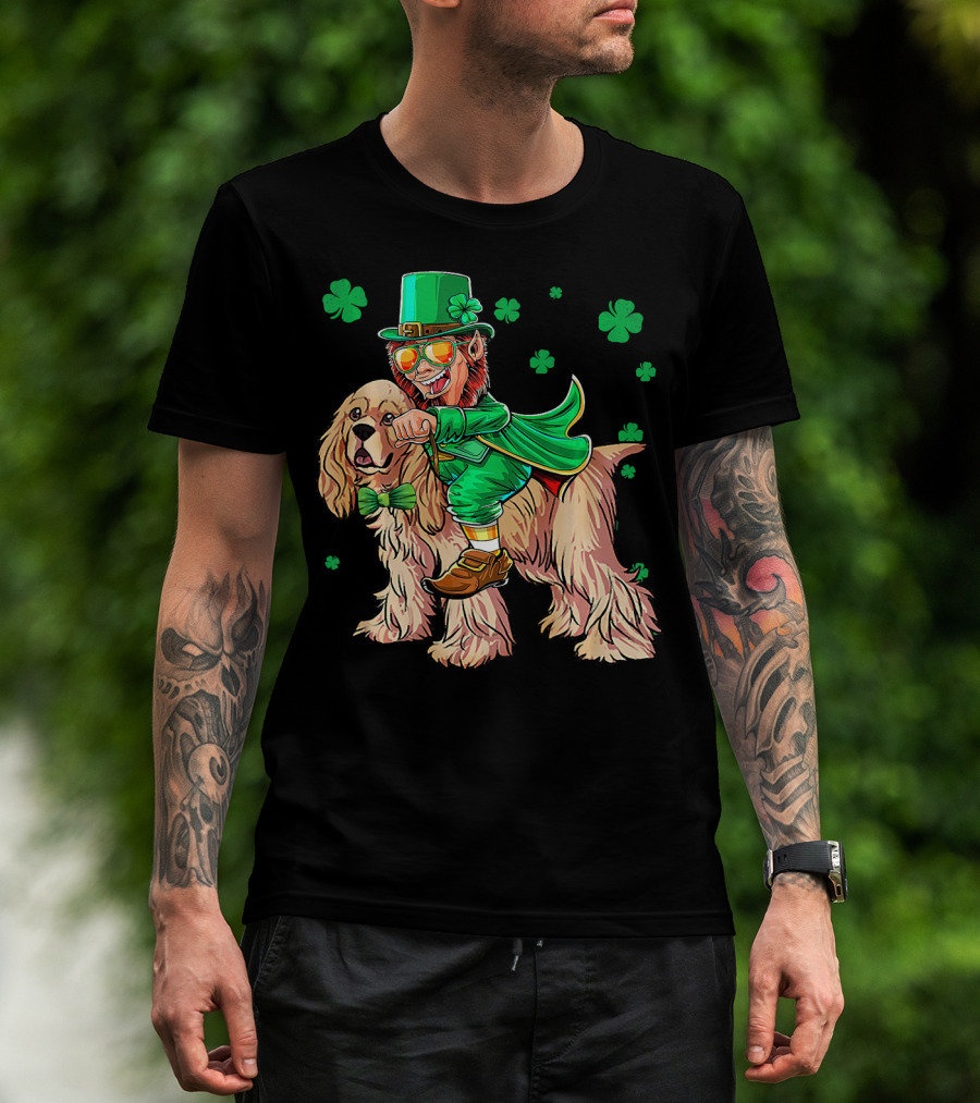 Leprechaun Riding Cocker Spaniel With Shamrocks T-Shirt