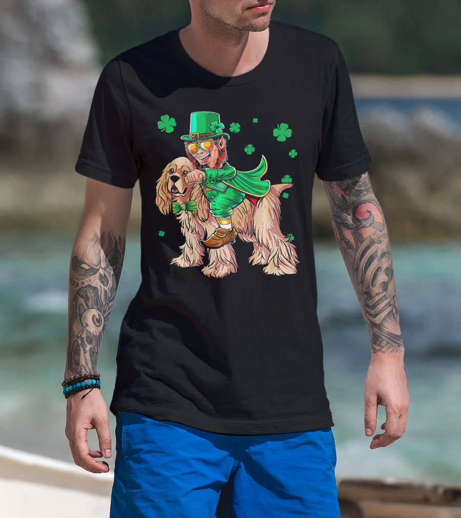 Leprechaun Riding Cocker Spaniel With Shamrocks T-Shirt