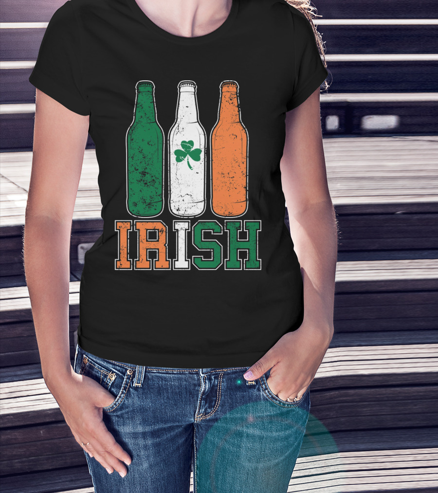 IRISH St Paddys Day Drinking Bottles With Shamrock Flag T-Shirt