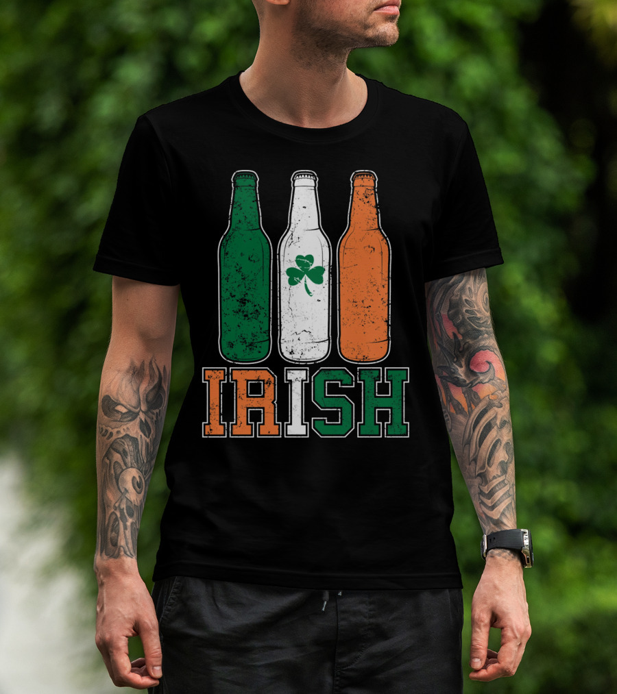 IRISH St Paddys Day Drinking Bottles With Shamrock Flag T-Shirt