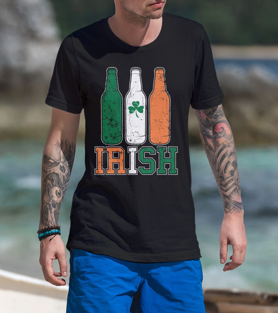IRISH St Paddys Day Drinking Bottles With Shamrock Flag T-Shirt