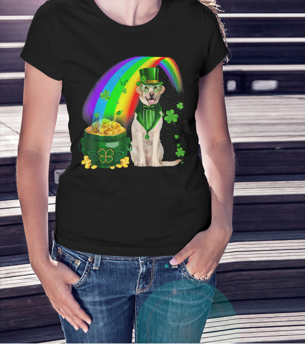 Labrador Dog Leprechaun With Rainbow Coins And Shamrock Saint Patrick's Day Irish Charm T-Shirt