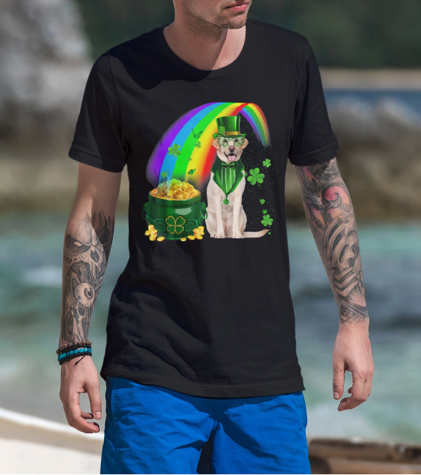 Labrador Dog Leprechaun With Rainbow Coins And Shamrock Saint Patrick's Day Irish Charm T-Shirt