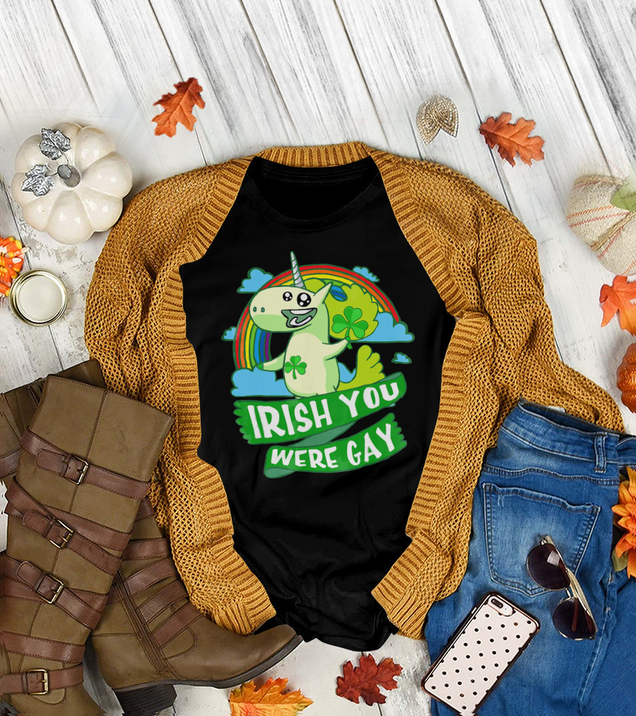 Unicorn Irish You Were Gay Rainbow Shamrock Clouds T-Shirt