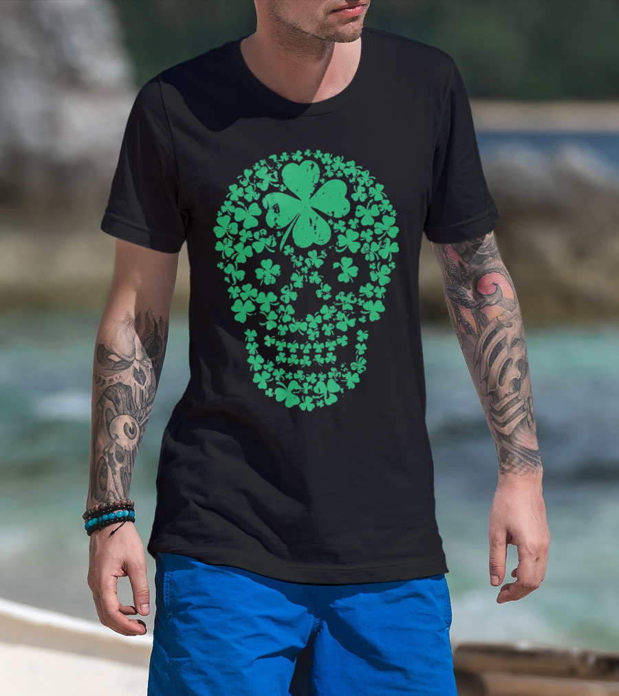 Shamrock Skull Clover Leaf Irish Luck T-Shirt