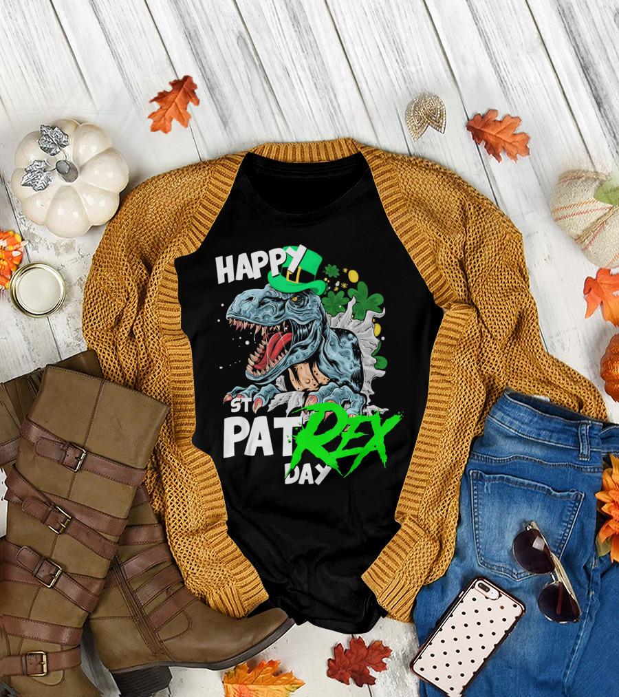 St Patricks Day Rex Happy Pat with Leprechaun Hat and Shamrocks T-Shirt