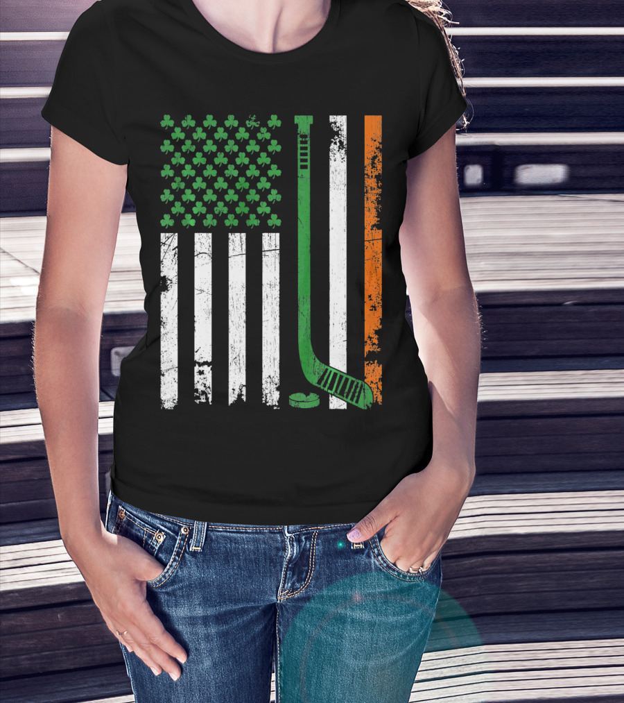 Irish American Flag Shamrock Hockey Stick T-Shirt