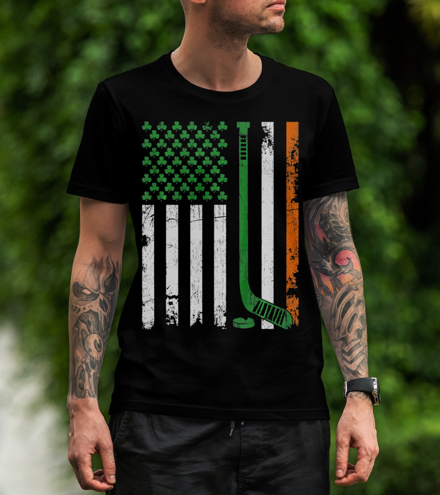 Irish American Flag Shamrock Hockey Stick T-Shirt