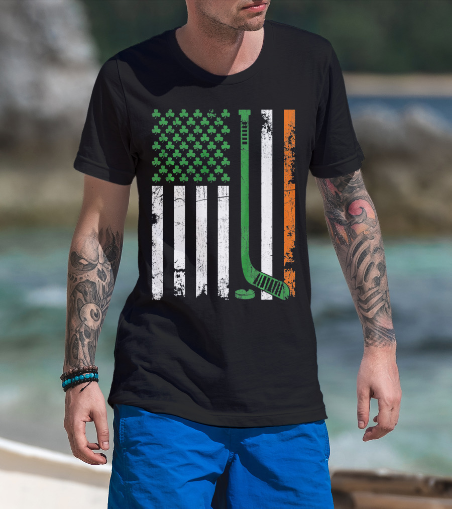 Irish American Flag Shamrock Hockey Stick T-Shirt