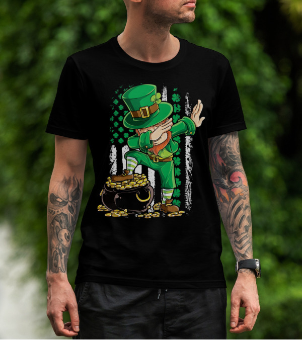 Dabbing Leprechaun With Shamrocks And Gold Coins Irish American T-Shirt