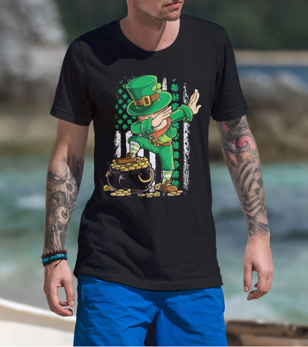 Dabbing Leprechaun With Shamrocks And Gold Coins Irish American T-Shirt