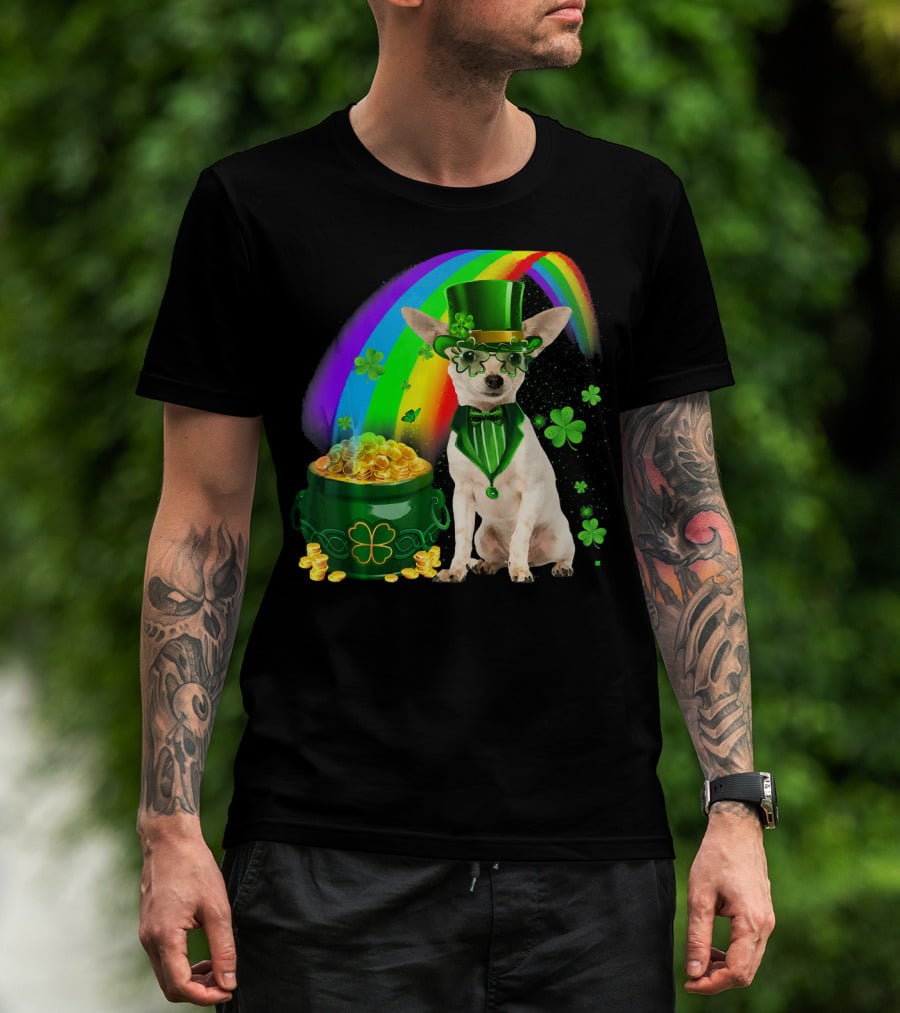 Chihuahua Irish Leprechaun With Shamrock And Rainbow Coin Pot T-Shirt