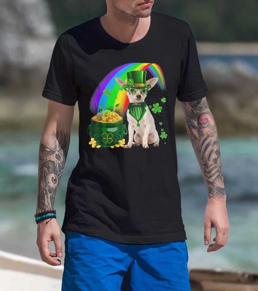 Chihuahua Irish Leprechaun With Shamrock And Rainbow Coin Pot T-Shirt