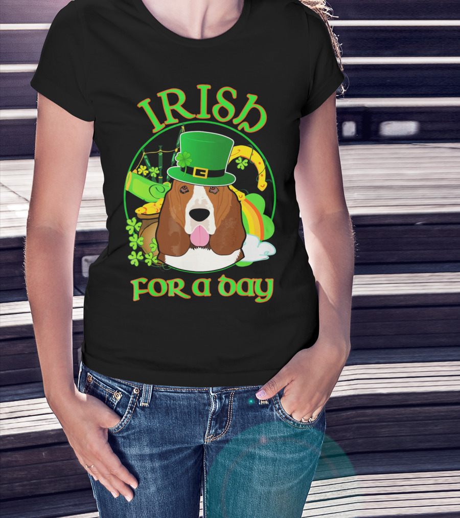 Irish For A Day Basset Hound Dog With Leprechaun Hat And Shamrocks T-Shirt
