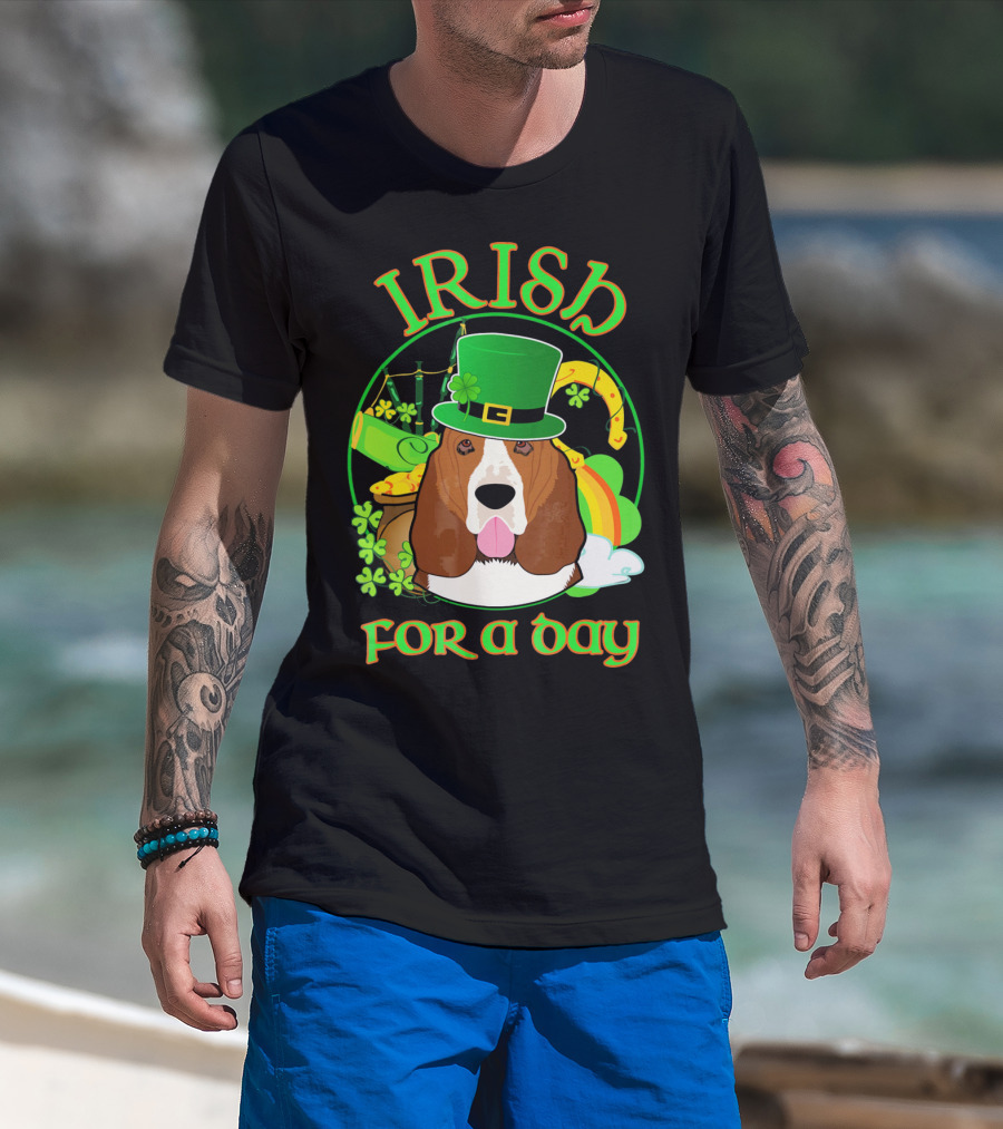 Irish For A Day Basset Hound Dog With Leprechaun Hat And Shamrocks T-Shirt
