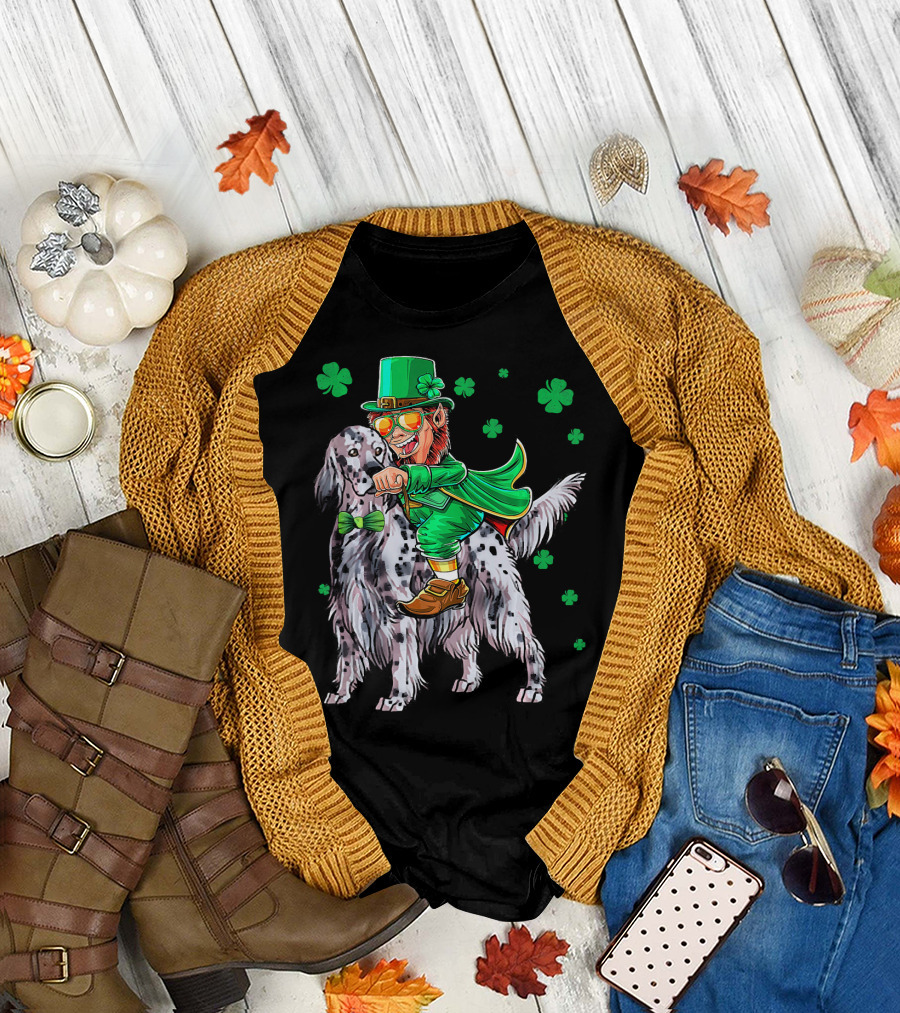 Leprechaun Riding English Setter with Shamrocks T-Shirt